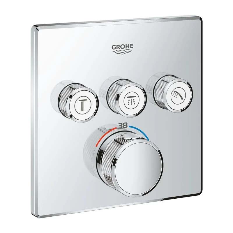 GROHE Grohtherm SmartControl - Concealed Square Thermostat for Shower or Bath (3 Valves, Push for ON-OFF, Turn for Volume Adjustment, Safety Button at 38°C, Requests Rapido SmartBox), Chrome, 29126000