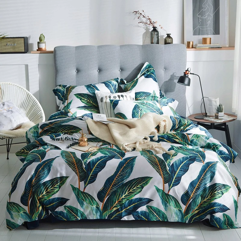 VM VOUGEMARKET King Duvet Cover Set Tropical Leaves Bedding Set,3 Piece Egyptian Cotton Green Quilt Cover with Zipper Closure,Reversible Vintage Printed Luxury Bedding Set-Tropical Leaf,King