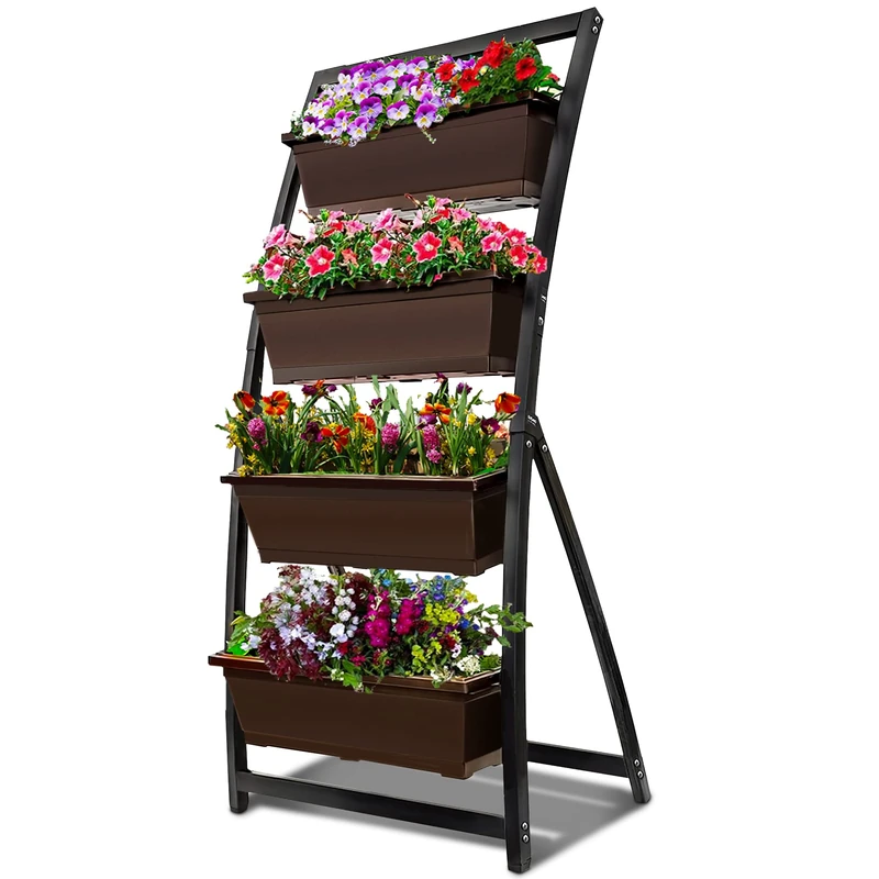 6-Ft Raised Garden Bed - Vertical Garden Freestanding Elevated Planter with 4 Container Boxes - Good for Patio or Balcony Indoor and Outdoor - Cascading Water Drainage (1-Pack/Espresso Brown)