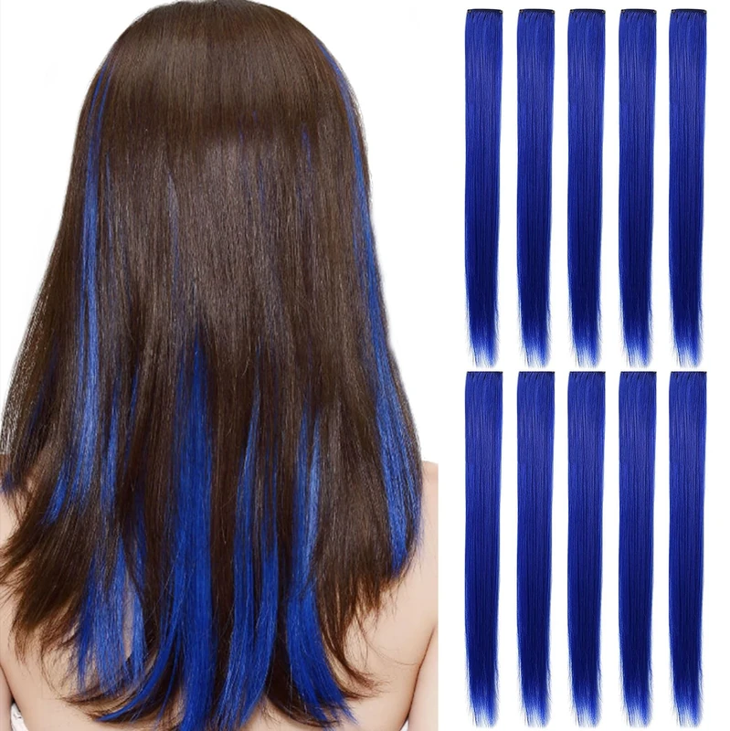 Rhyme 9PCS 21" Colored Clip in Hair Extensions Blue Hair Extensions Clip in Girls Hair Clips for Woman Party Highlights (Blue) - Image 1