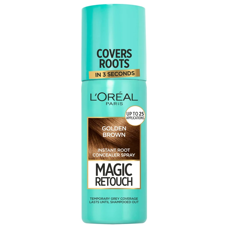 L'Oréal Paris Magic Retouch Instant Root Spray, Golden Brown. Provides flawless coverage for grey regrowth in 3 seconds. The 75ml spray ensures quick, easy application for a natural finish.