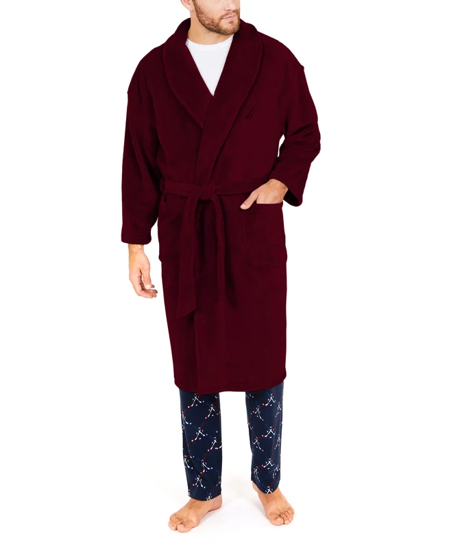 Nautica Men's Long Sleeve Cozy Soft Plush Shawl Collar Robe - red - One size