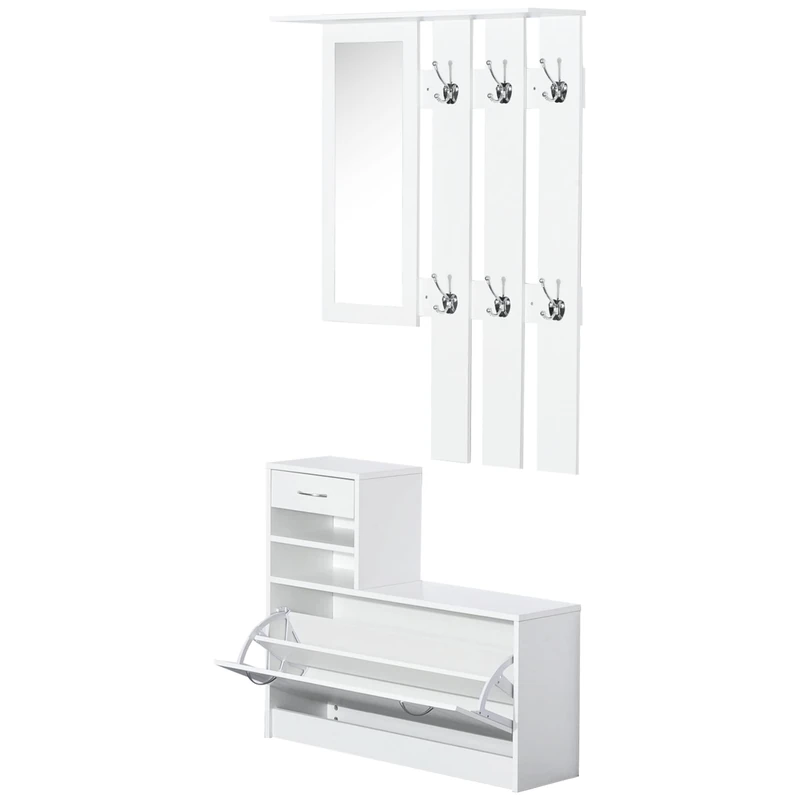 HOMCOM Hallway Furniture Set with Shoe Storage Cabinet and 6 Hooks Coat Rack, Hallway Storage Unit with Mirror, Drawer and Adjustable Shelf, White