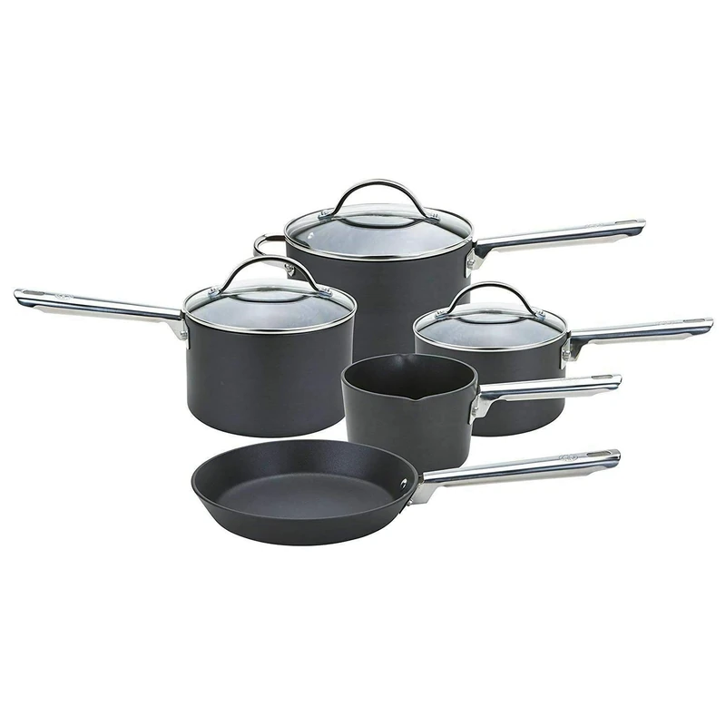 Anolon Professional Non Stick Pots and Pans Set of 5 - Cookware Set with Milkpan, Saucepans with Toughened Glass Lids & Frying Pan, Oven & Dishwasher Safe Cookware, Black