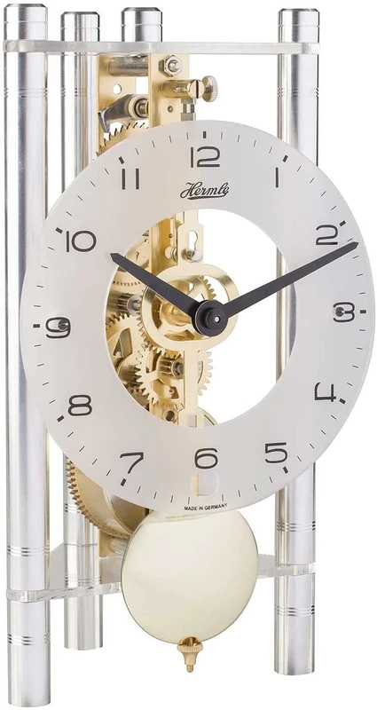 Hermle Skeleton Table Clock with Anodised Aluminium Columns - Triangle 23022-X40721, Arabic Dial Glass, Silver, Brass Movement, 19.5 cm x 11 cm x 9 cm