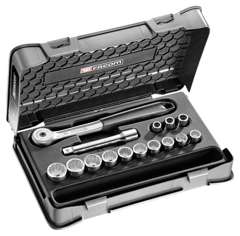 Facom - 1/2-inch Socket Set with 12 Metric Sides, 15 Pieces - S.151-1P12 - Socket Box - Mechanical Tools - 1 Ratchet, 13 sockets, 1 Extension 1 Pictogram Board, 1 Box and 1 Tray