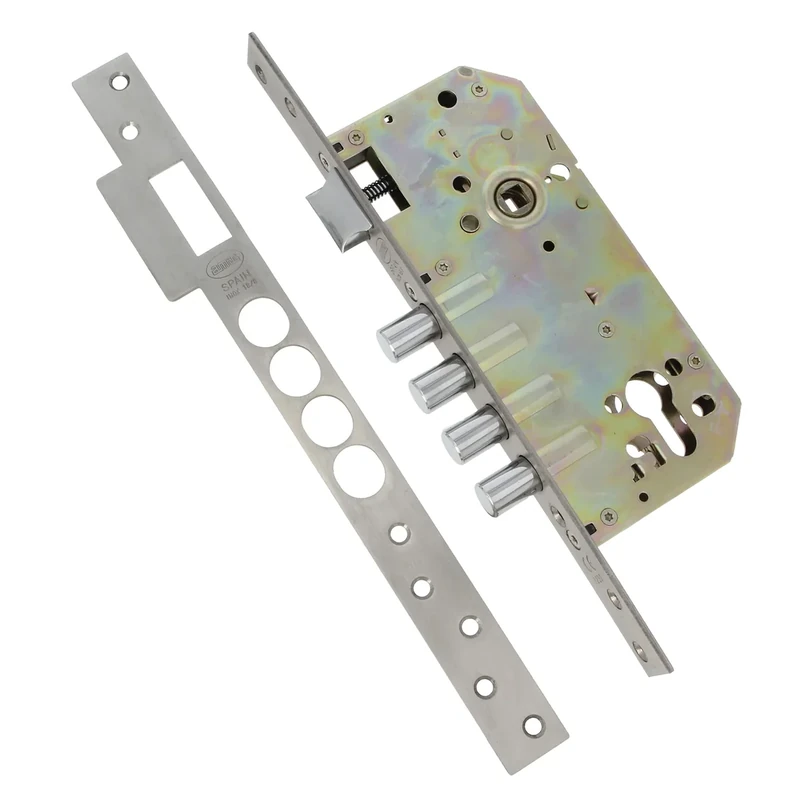 Amig - Embossing Lock with Bolts for Wooden Doors Mod. 100 | 50/85 mm | with Cylinder and Safety Shield | Reversible Lever | Matte Stainless Steel