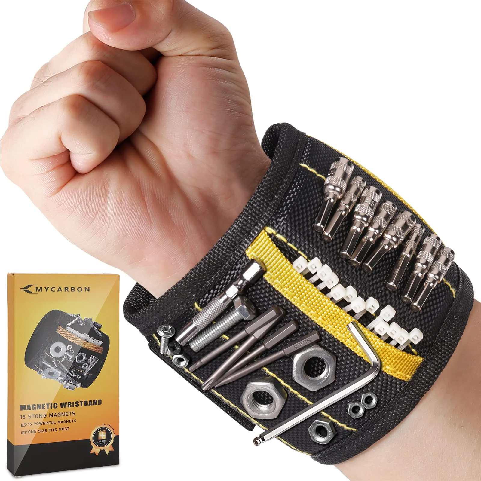 Gifts for Men Magnetic Wristband MYCARBON DIY Tools Belt with 15 Powerful Magnets Screws Holder for Men Gifts, Christmas&Santa Gifts, Fathers Day Present