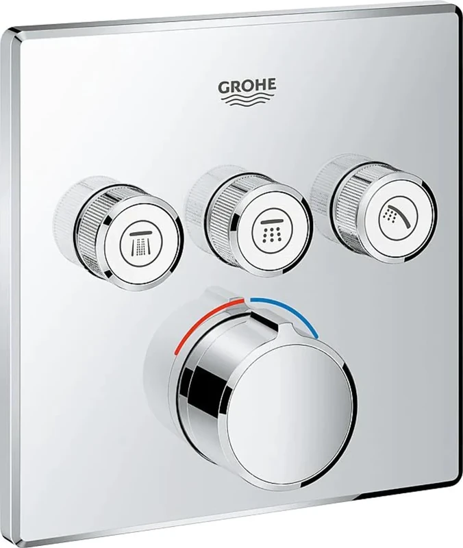 GROHE SmartControl - Square Concealed Mixer for Shower or Bath (3 Valves, Set for Final Installation for GROHE Rapido SmartBox, Push Button for ON-OFF, Turn for Volume Adjustment), Chrome, 29149000