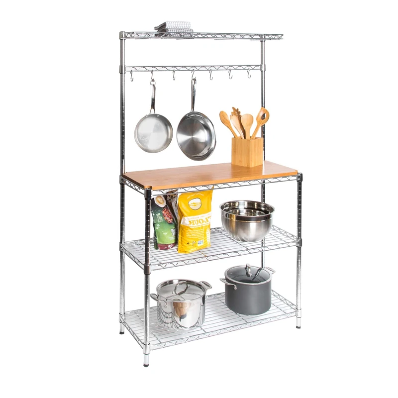Seville Classics Baker's Rack for Kitchens, Solid Wood Top, 35.6 x 91.4 x 160 cm, Zinc