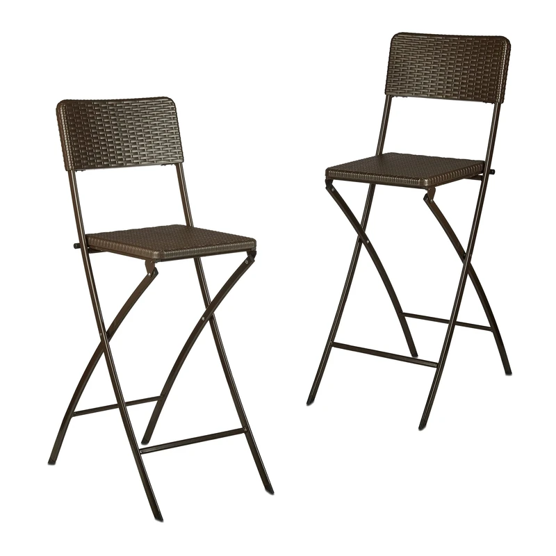 Relaxdays BASTIAN Folding Bar Stools, Rattan Look, Backrest, Bistro Chairs, Foldable, 78 cm Tall, Counter-Height, Brown