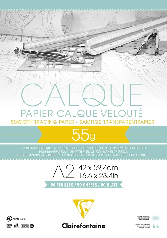 Clairefontaine - Ref 975082C - Tracing Paper Pad (50 Sheets) - A2 Sized, 50/55g, High Transparency, Smooth Surface, Acid Free, Printable - Suitable for Ink, Marker & Pencil