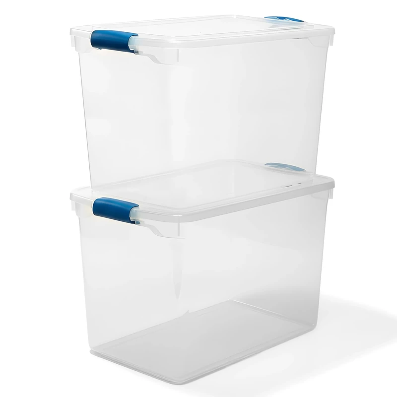 Homz Plastic Storage, Modular Stackable Storage Bins with Blue Latching Handles,112 Quart, Clear, Stackable, 2-Pack