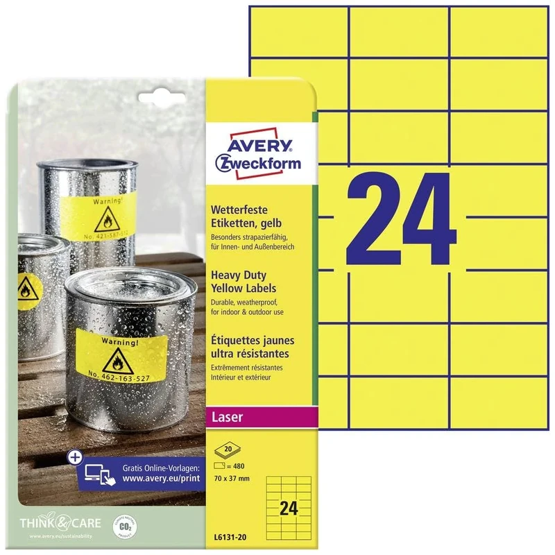 Avery Zweckform L6131 20 Outdoor Weatherproof Film Labels (480 Labels 70 x 37 mm x 20 Sheets, Yellow