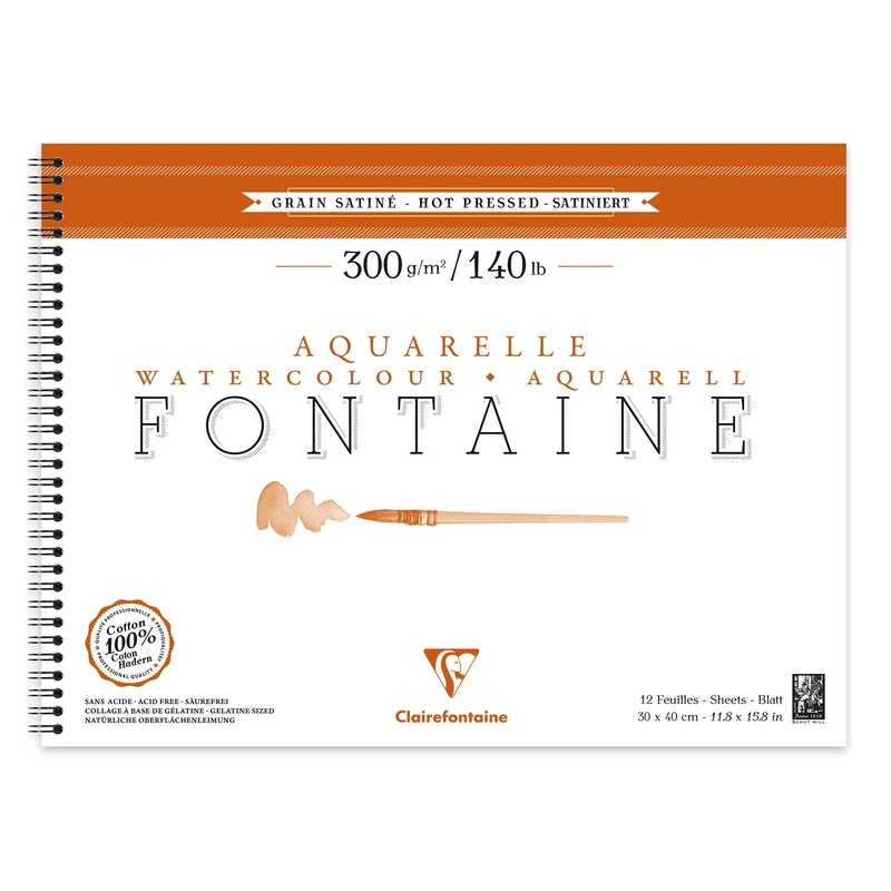 Clairefontaine - Ref 96364C - Fontaine Hot Pressed Watercolour Wirebound Pad (12 Sheets) - 30 x 40cm Size, 300gsm Paper - Suitable for Watercolour Artwork