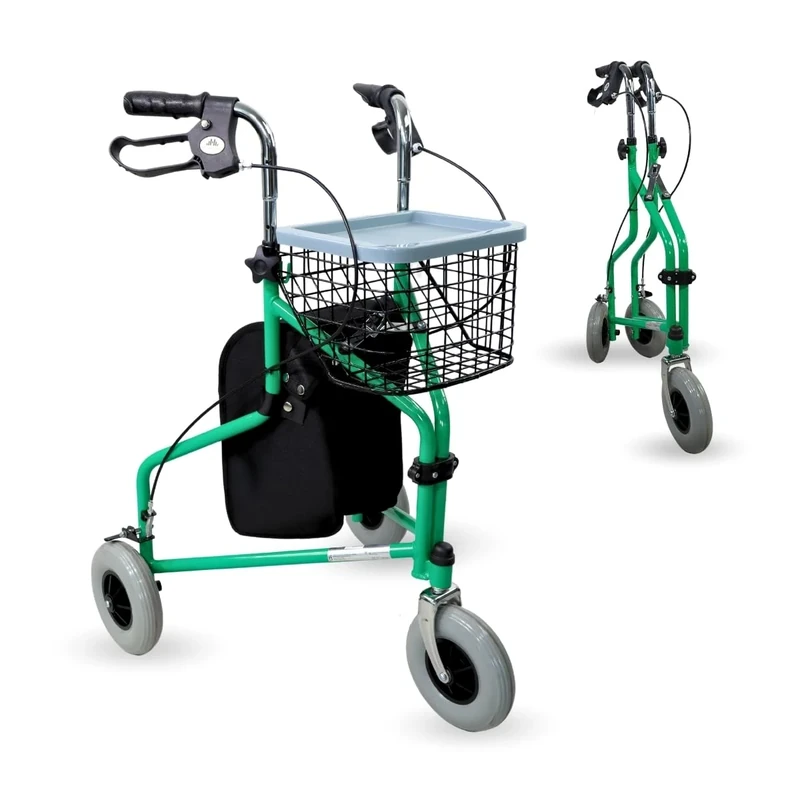 Mobiclinic®, Foldable Walker, 3 Wheels, Caleta, Basket with lid and Bag, Brakes on Handles, Height Adjustable, Spanish Brand, Lightweight, manoeuvrable Structure, Small Wheels, Green