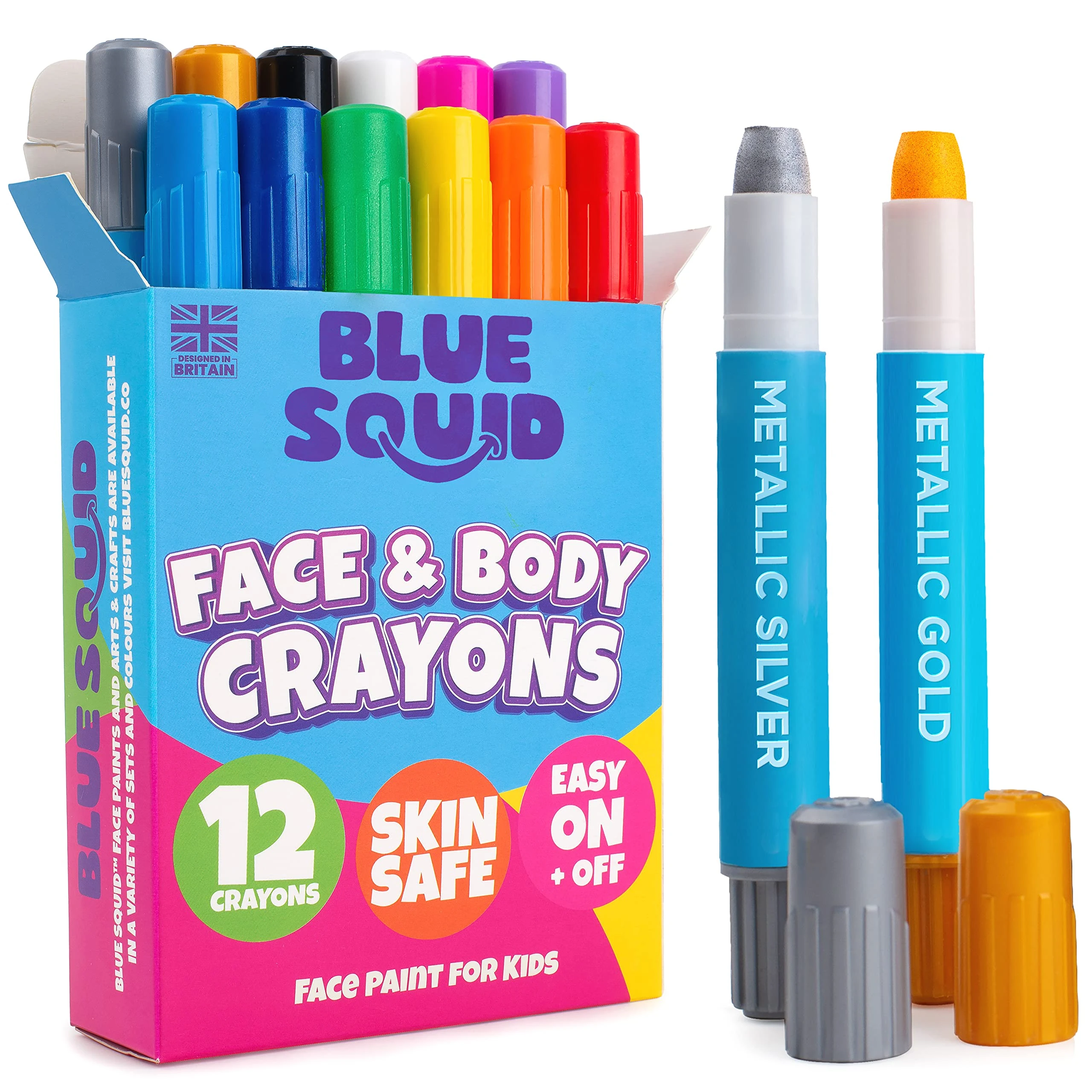 Face Painting Kit for Kids - Blue Squid 12 Color Twistable FacePaint Marker Sticks | Safe Water Based Face Paint Crayons for Children, Makeup Body Paints for Adults | Halloween Makeup, Party, Cosplay
