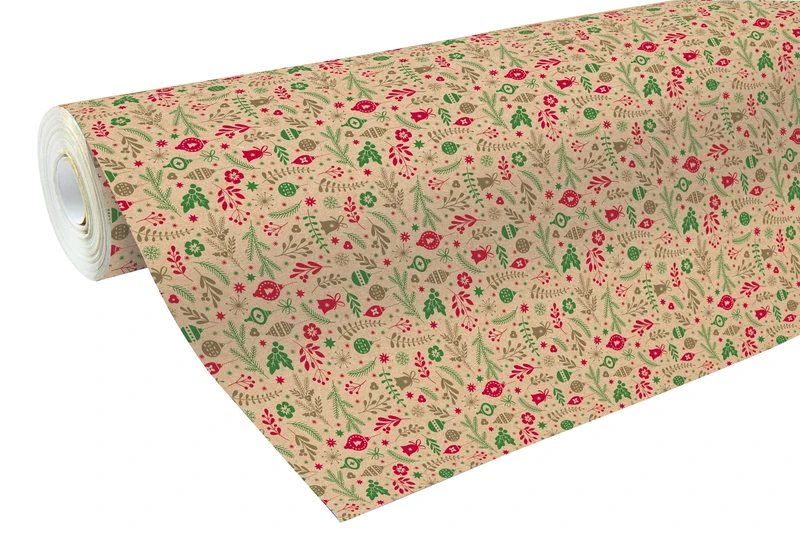 Clairefontaine 211725C - One Reel Raw Recycled Kraft Paper - 50mx70 cm - 70g - Pattern : Red/Green decorations : Christmas balls, Foliage - Recycled Paper