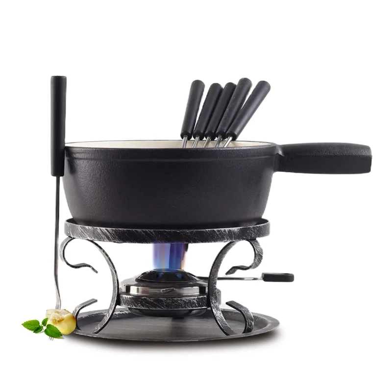 Artestia Cast Iron Cheese Fondue Pot Set, Swiss Traditional Cast Iron Fondue Set for Cheese, Meat & Chocolate (Black Matt)
