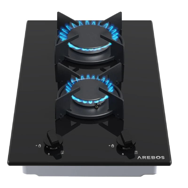 Arebos gas hob 30 cm 2 burners | Tempered glass | Built-in with cast iron pot supports | Compatible with natural gas & propane | Integrated safety ignition