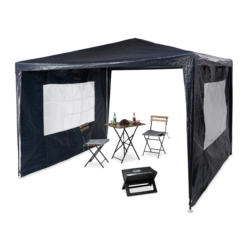 Relaxdays Gazebo 3x3 m, 2 Side Walls, Metal Frame, PE Cover, Window, Enclosed Festival Party Tent Event Shelter, Blue