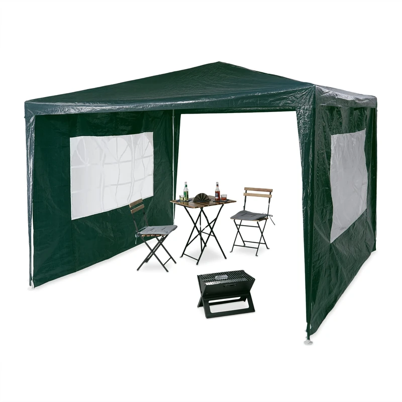 Relaxdays Gazebo 3x3 m, 2 Side Walls, Metal Frame, PE Cover, Window, Enclosed Festival Party Tent Event Shelter, Green