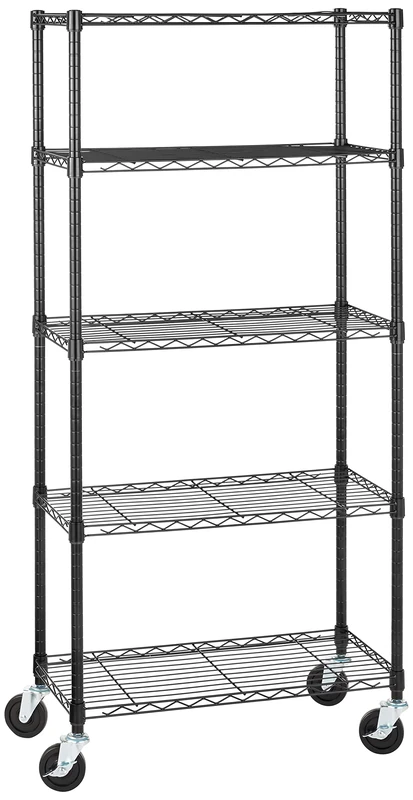 Amazon Basics 5-Shelf Medium Storage Unit on 4-inch Casters with Height Adjustable Shelves and Levelling Feet - 680kg Max Weight, Black, 76.2 cm D x 35.6 cm W x 164.5 cm H