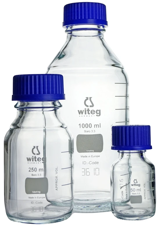 laboratory bottles 50ml GL32, with graduations, with screw cap and pouring ring made of PP, made of borosilicate glass 3.3, with witeg logo, complete packaging unit