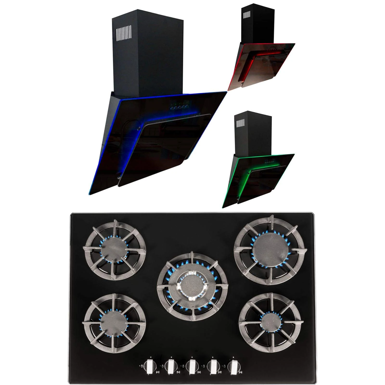 SIA 70cm Black 5 Burner Gas On Glass Hob & Multi Colour LED Angled Cooker Hood