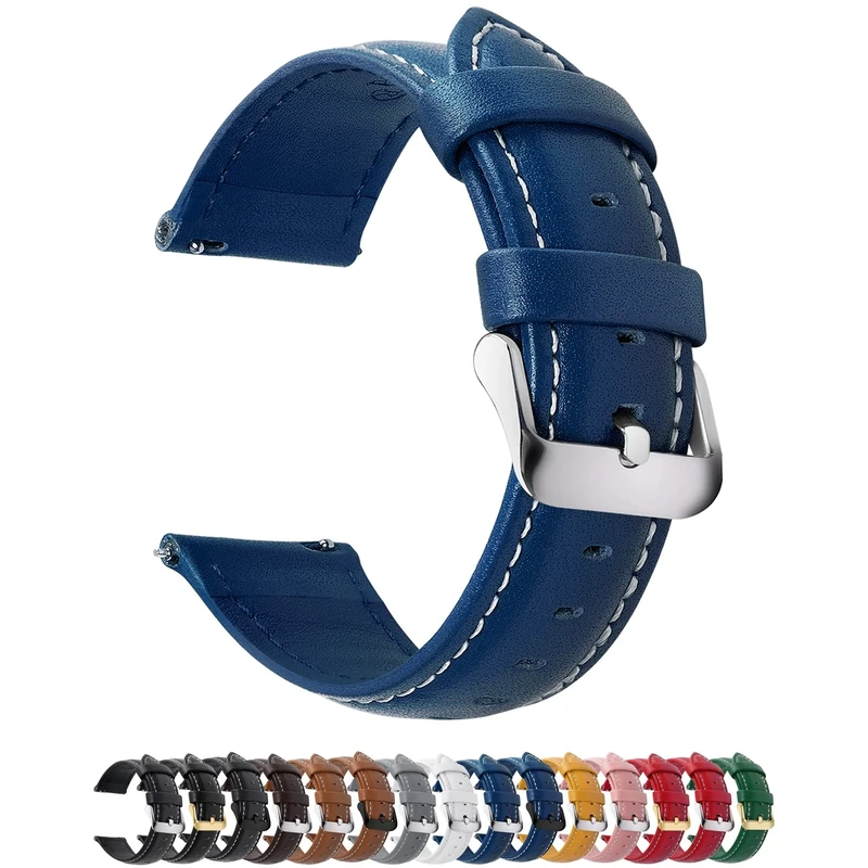 Fullmosa Watch Strap, Genuine Leather Watch Straps with Stainless Metal Clasp, Quick Release Replacement Bands, 14mm 16mm 18mm 19mm 20mm 22mm 24mm, Dark Blue