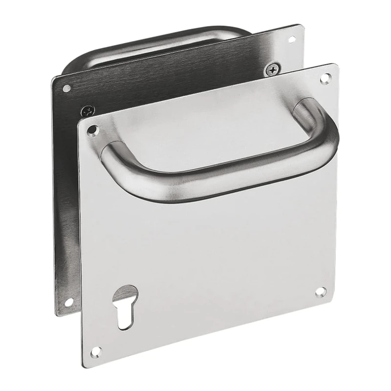 Amig, Set of Handlebars Mod.2 with Plate and Socket in 18/8 Stainless Steel, for Passage or Indoor or Outdoor Entrance, Handle: Ø19 x 151 mm, Plate: 180 x 7.087 in, Silver