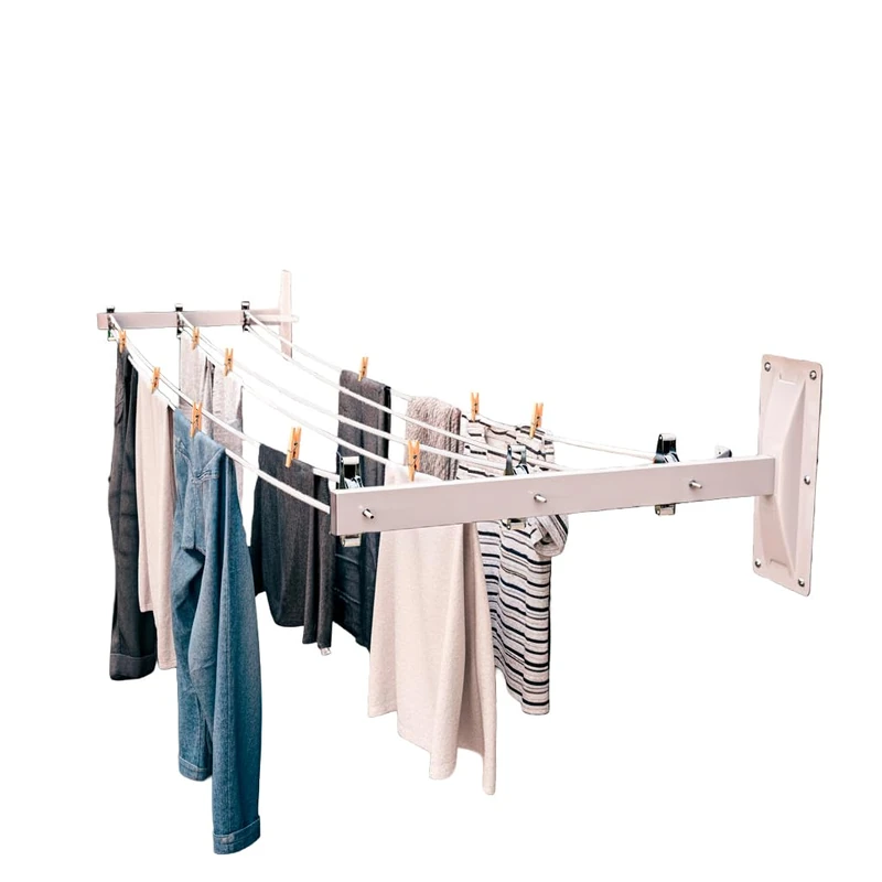 Amig - Side Wall-Mounted Clothes Airer Mod. 3-2-Arm Clothes Line with 6 Stainless Steel Pulleys - For 3 Lines - Steel with Epoxy Coating - Outdoor Use - 450 mm - Fixing Accessories - White Colour