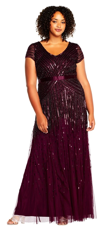 Adrianna Papell Women's Plus Size Floor Length Beaded Cap Sleeve V-Neck Dress, Cassis, 20