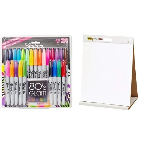 Sharpie Fine Point Permanent Marker, Assorted Colours, Pack of 24 (80s Glam) with 3M Post-it Table Top Meeting Chart, 20 Self-Adhesive Sheets, 508 x 584 mm, White