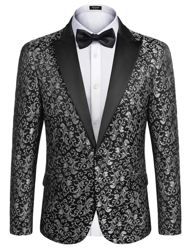 Coofandy Mens Floral Blazer Suit Jacket Dinner Party Prom Wedding Stylish Tuxedo, 1 - Grey, M