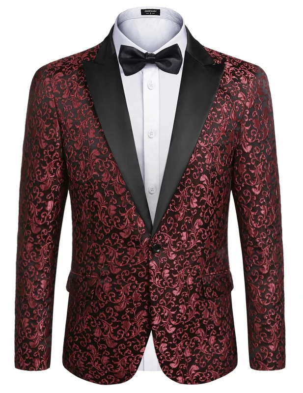 Coofandy Mens Floral Blazer Suit Jacket Dinner Party Prom Wedding Stylish Tuxedo, 1 - Red, L