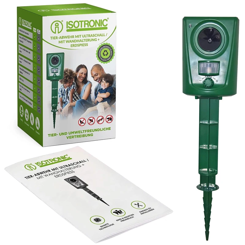 ISOTRONIC Ultrasonic Animal Repellent for Repelling Cats, Dogs, Martens, Raccoons & Birds – Battery-Operated Cat Deterrent incl. Ground Spike for the Garden – 10m Effective Range (1 Piece)