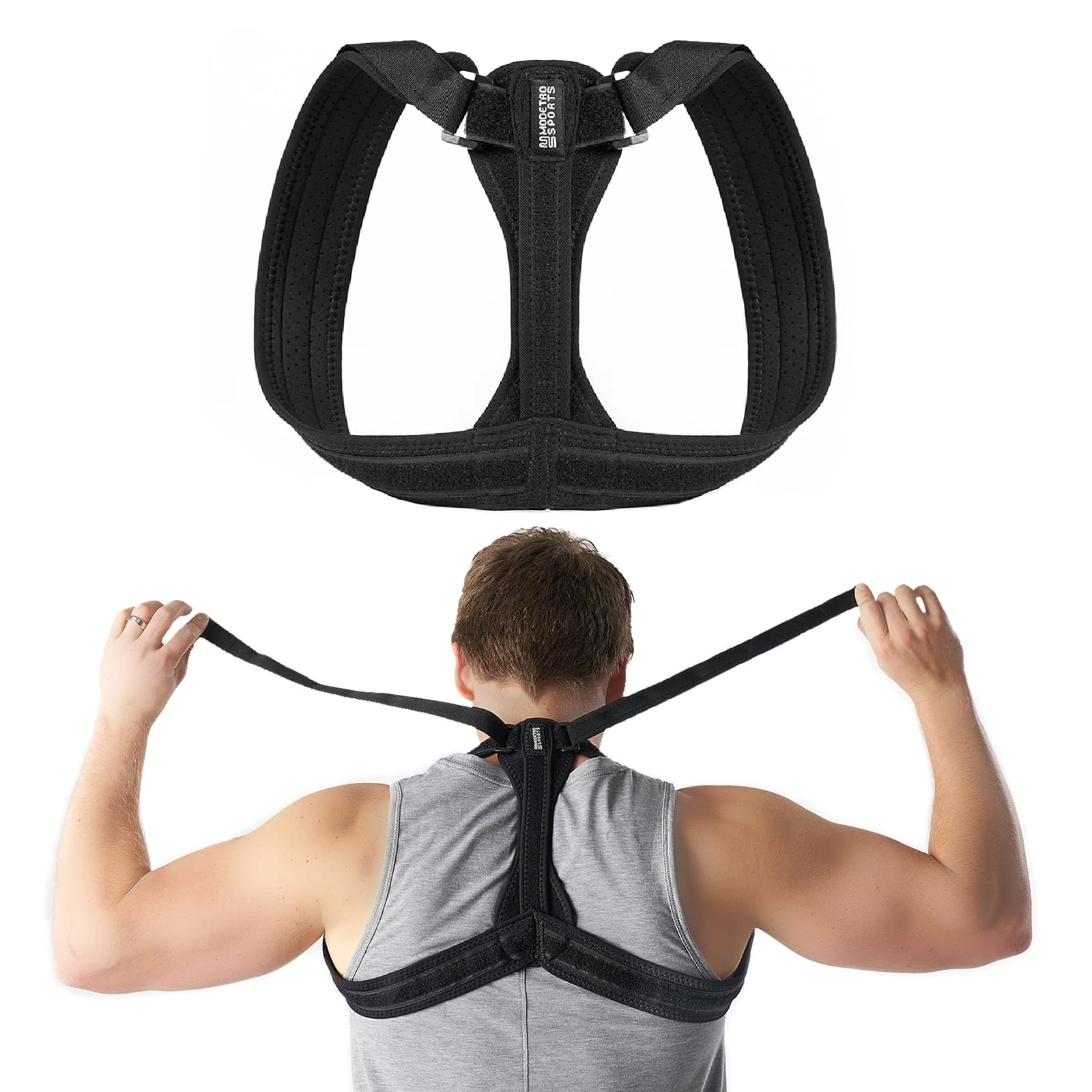 Modetro Upper Back Support Posture corrector Brace for Men and Women - Unisex,Medium Shoulder and Spine Support for Physical Therapy,Sports– Black