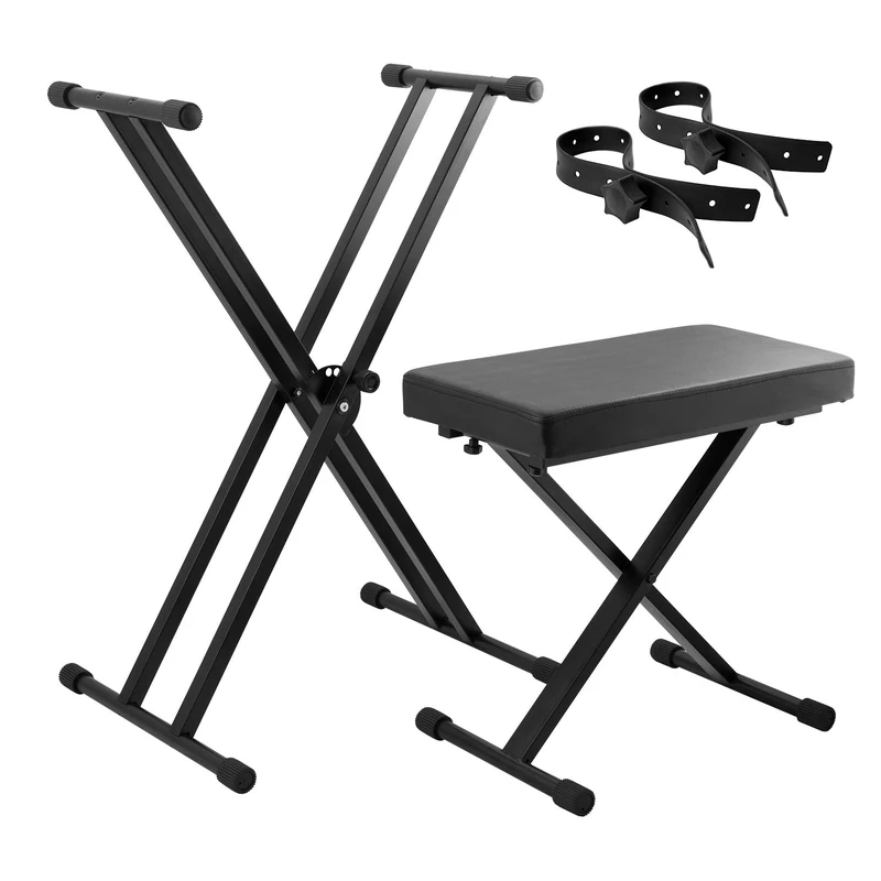 Tiger KAP-PK2 Keyboard Stand with Securing Straps & Stool Pack – Height Adjustable Double Braced X-Frame Keyboard Stand and Piano Stool Package