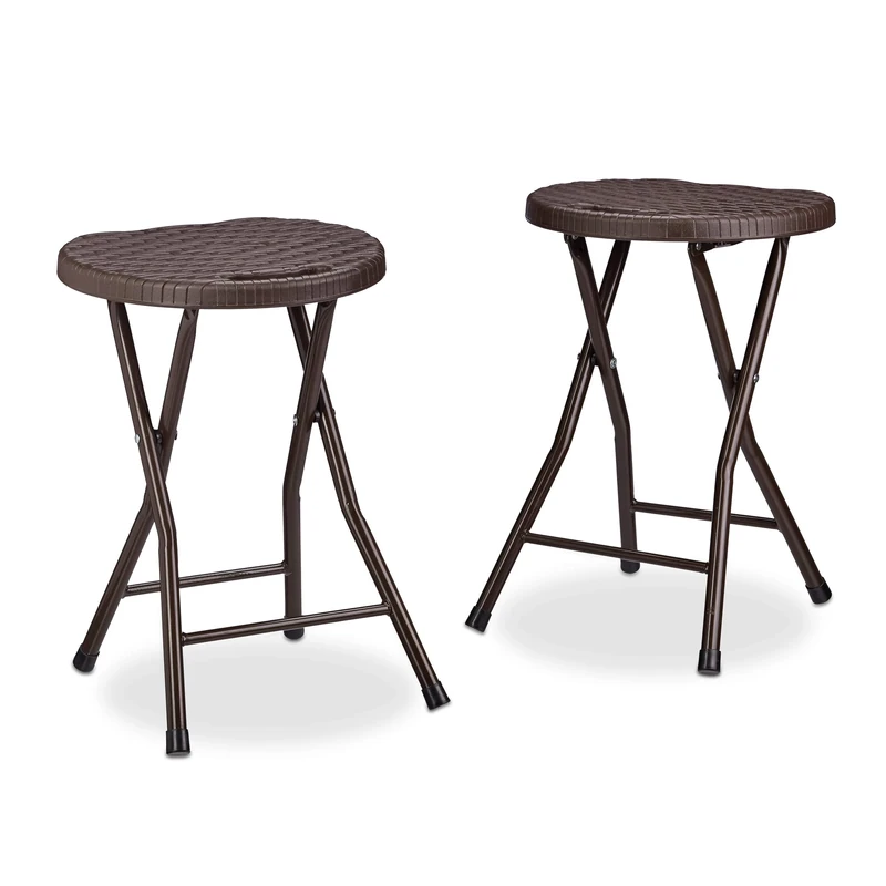 Relaxdays BASTIAN Round Folding Stool, Foldable, Plastic, Rattan Look, Waterproof, HxWxD: 45 x 32.5 x 29 cm, Brown