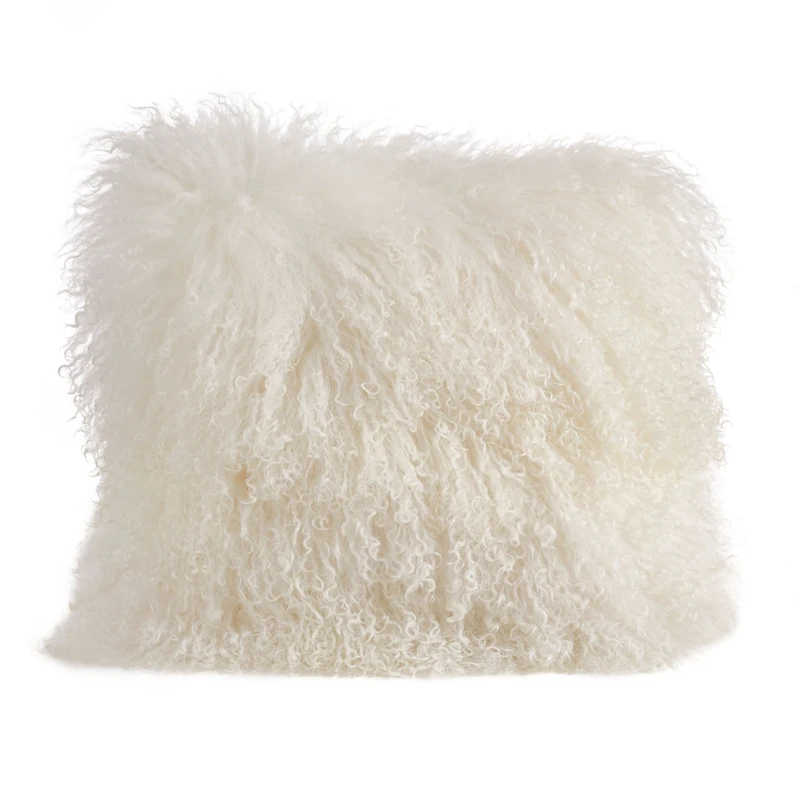 SARO LIFESTYLE 100% Wool Mongolian Lamb Fur Throw Pillow with Poly Filling, 20", Ivory
