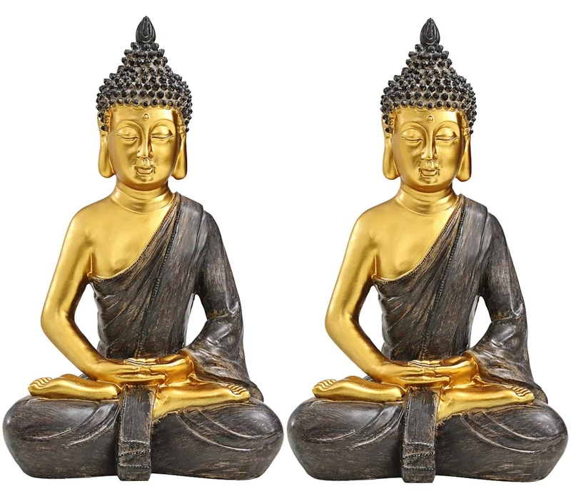 Dehner Buddha Figurine Outdoor Statues, Set of 2, 39.5 x 25.5 x 18 cm, Polyresin, Gold/Brown