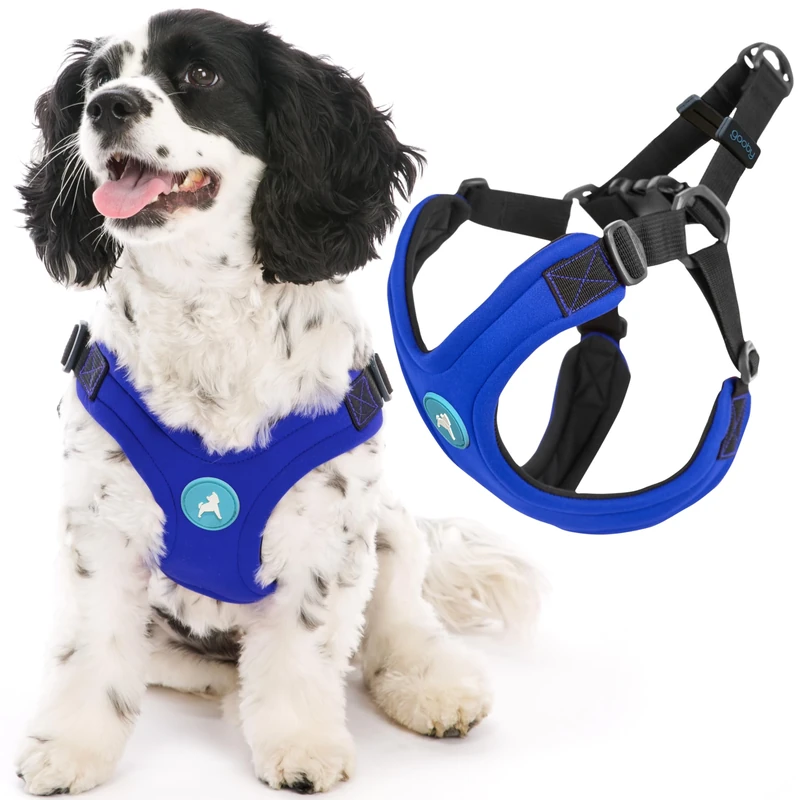 Gooby Escape Free Sport Harness - Blue, Medium - No Choke Step-in Patented Neoprene Small Dog Harness with Four-Point Adjustment - Perfect on The Go Dog Harness for Medium Dogs No Pull and Small Dogs