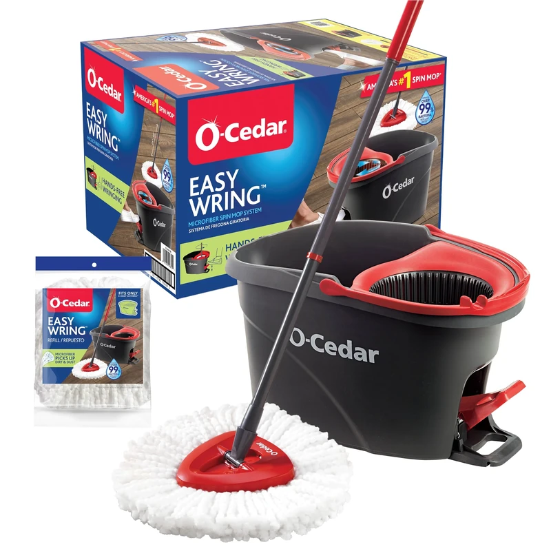 O-Cedar EasyWring SpinMop, Red/Gray, Spin Mop with 1 Extra Refill