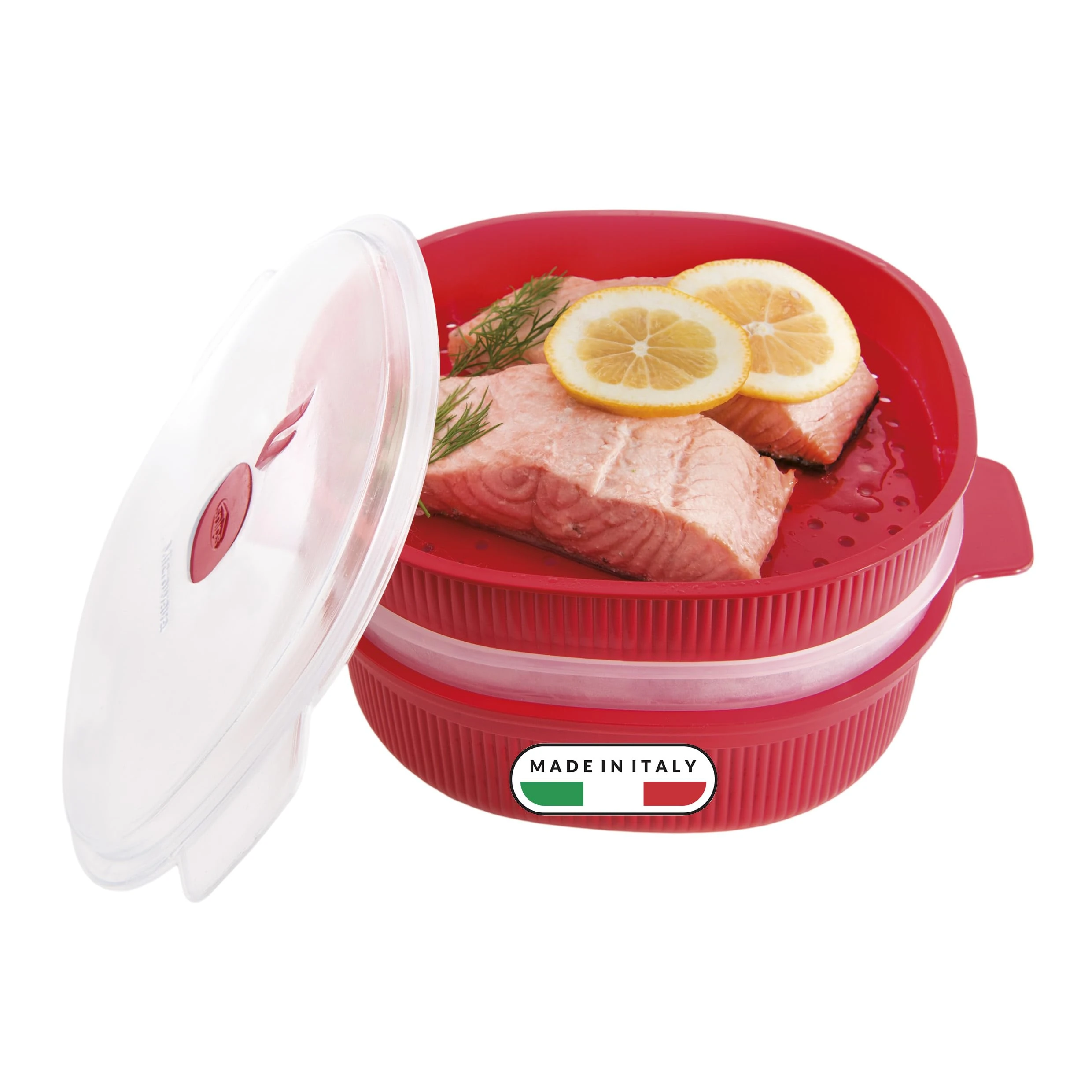 Snips, Microwave Steam Cooker 4 liters, Steam Cooker with 2 Trays, Microwave Container Red 26.5 x 22 x 13.5 cm, Quick Steam Cooking, BPA-Free, Made in Italy.