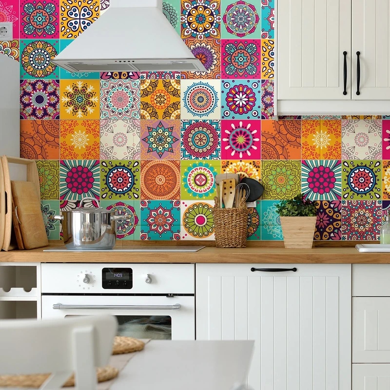 Ambiance Sticker Self-Adhesive Decorative Wall Decal Cement Tile for Bathroom and Kitchen Roses Multicolore - Pack of 60 Stickers of 20 x 20 cm