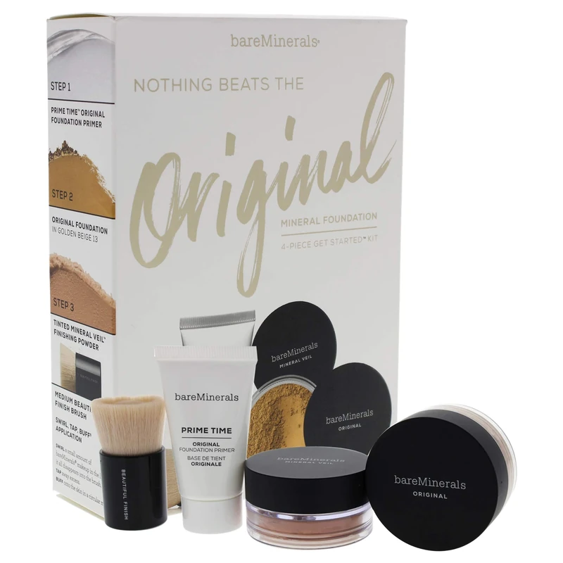 bareMinerals Nothing Beats The Original Mineral Foundation - 13 Golden Beige For Women 4 Pc Set 0.5Oz Prime Time Original Foundation Primer, 0.07Oz Original Foundation Spf 15