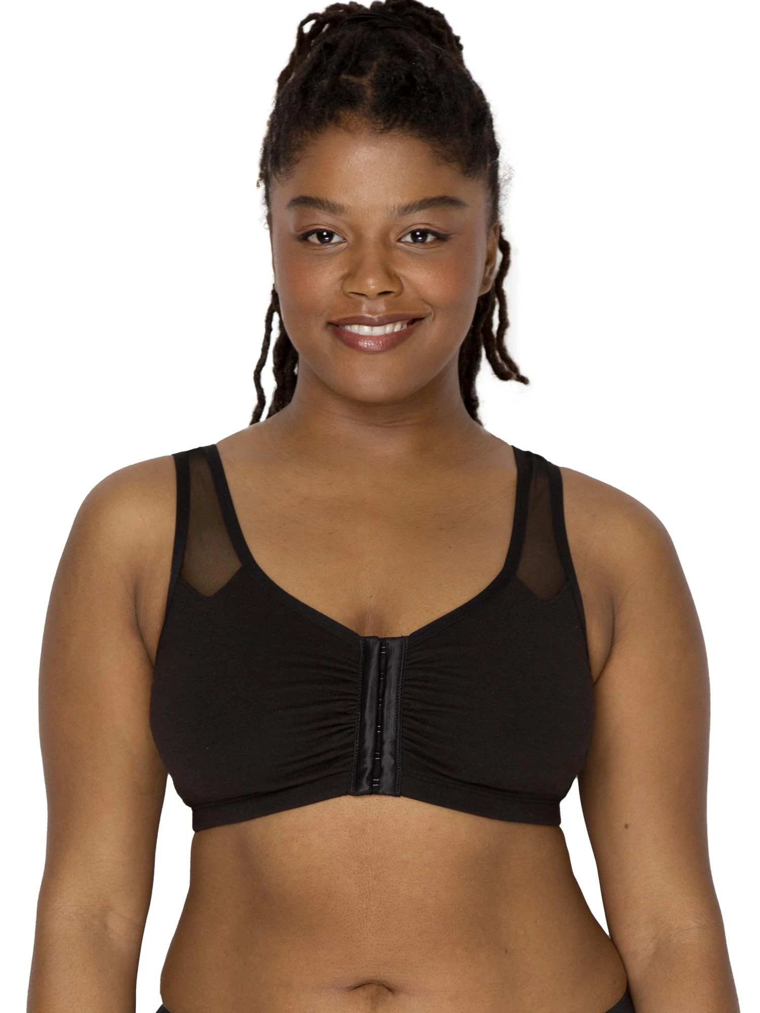 Fruit of the Loom Women's Comfort Front Close Sport Bra with Mesh Straps Bra, Black, 38