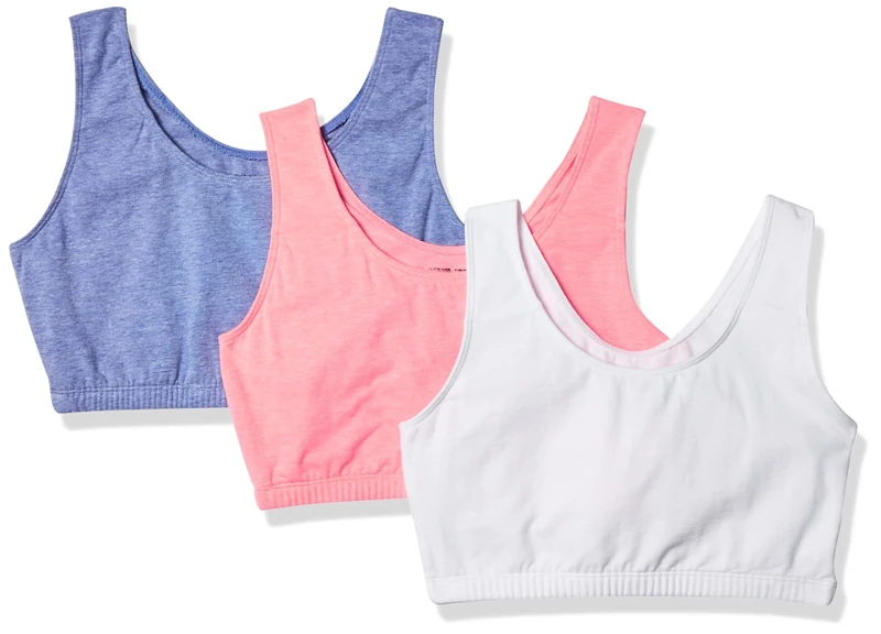 Fruit of the Loom Women's Built Up Sports Bra Built-Up Sports Bra (Pack of 3), Heather Blue/Popsicle Pink/White, 16