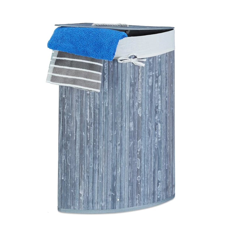 Relaxdays Bamboo Corner Laundry Basket, 65 x 49.5 x 37 cm, 64L, Folding Hamper with Laundry Sack, Grey